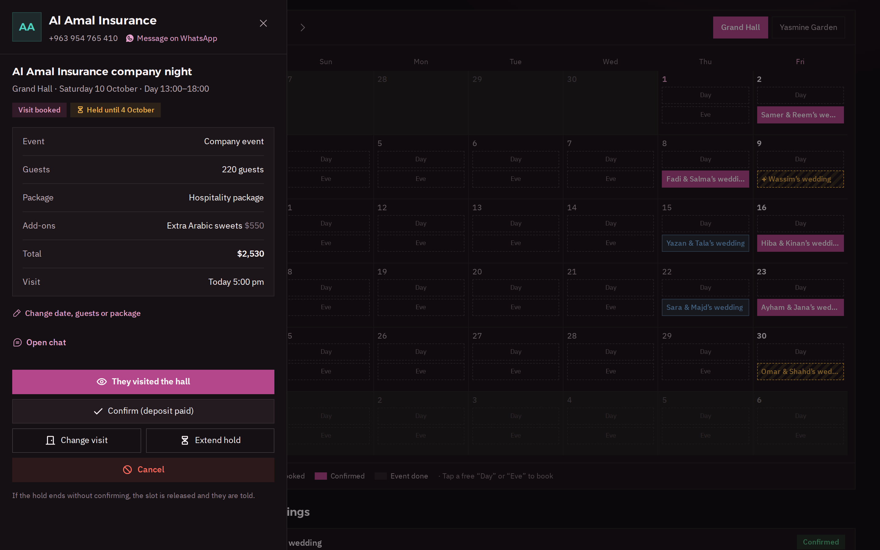 The same booking in dark mode