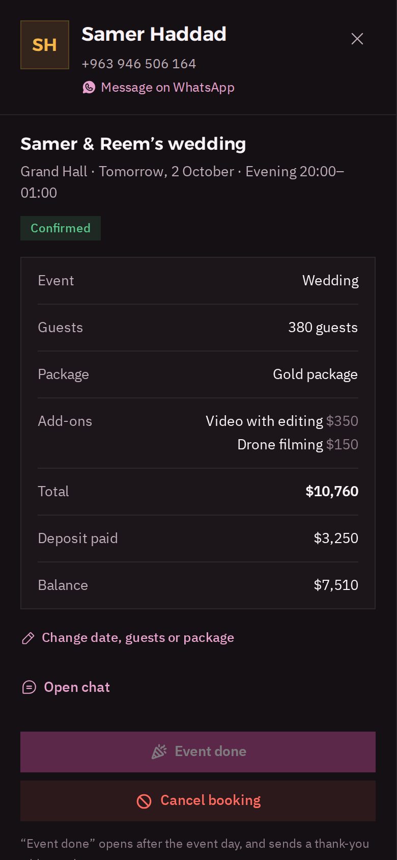 The confirmed booking on a phone in dark mode