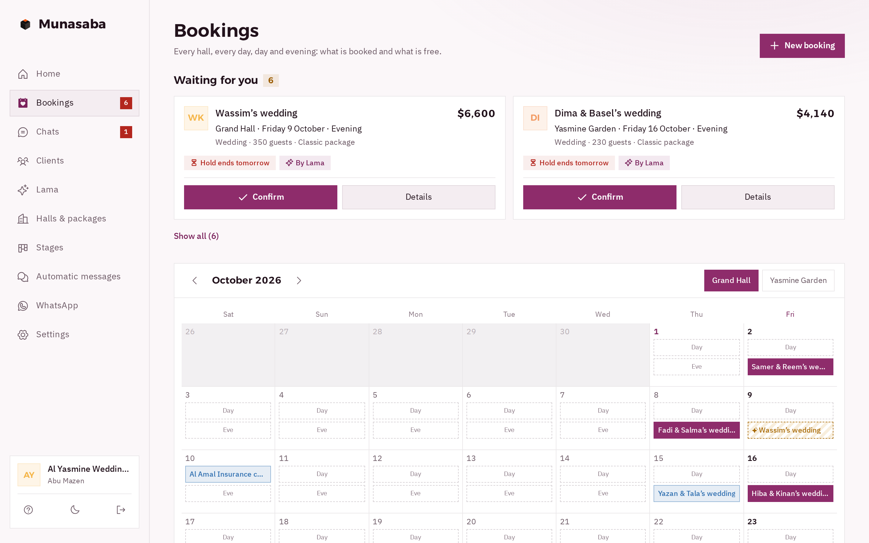 The Munasaba bookings page: two provisional holds “Waiting for you” that end tomorrow, each with a Confirm button, and below them the Grand Hall’s month with two slots a day