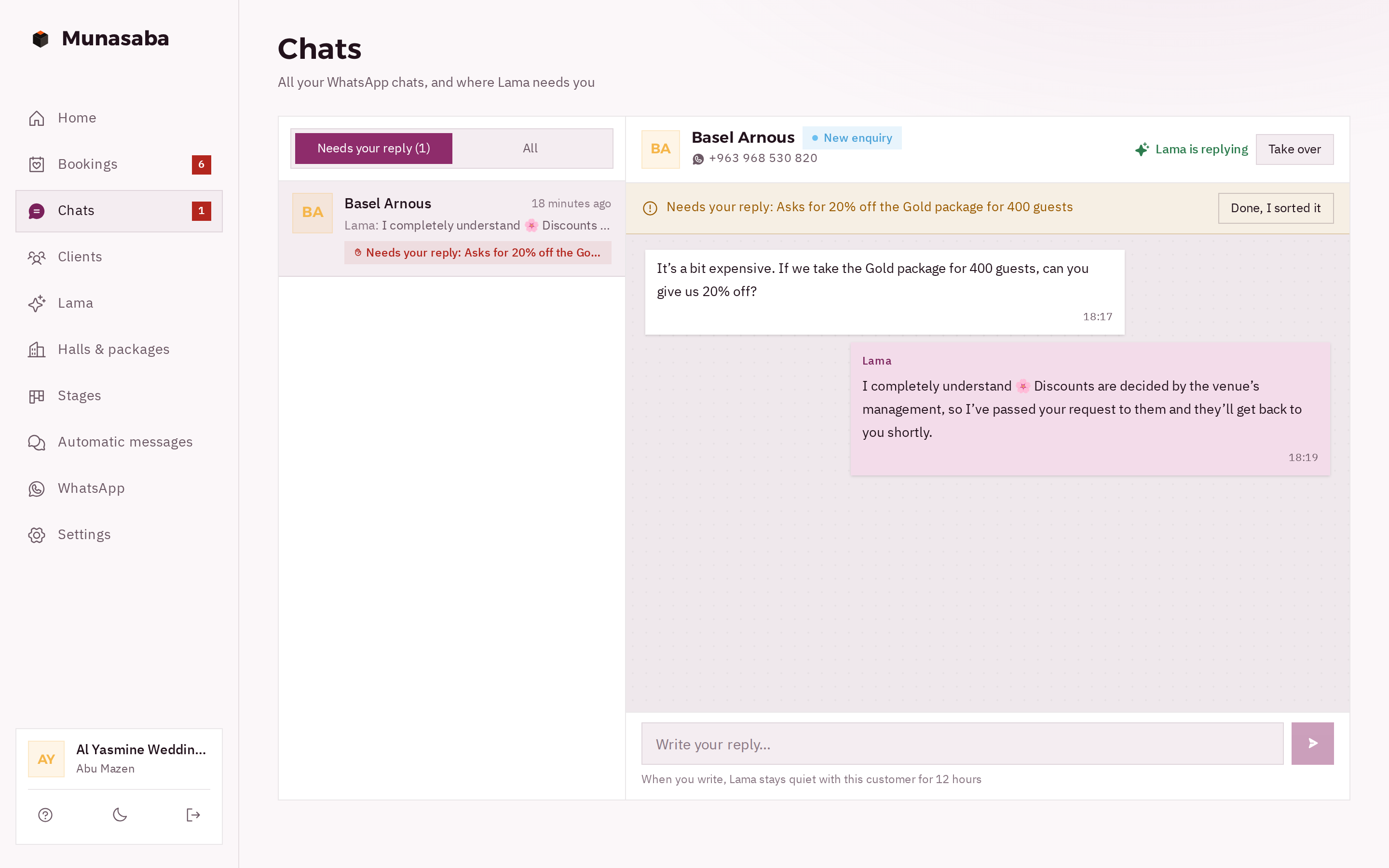 The Chats page: a client asks for 20% off the Gold package for 400 guests, Lama passed it to the venue, with “Needs your reply” and a “Take over” button